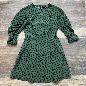 Who What Wear Polka Dot Dress 3/4 Shirred Sleeves Green Black Size S